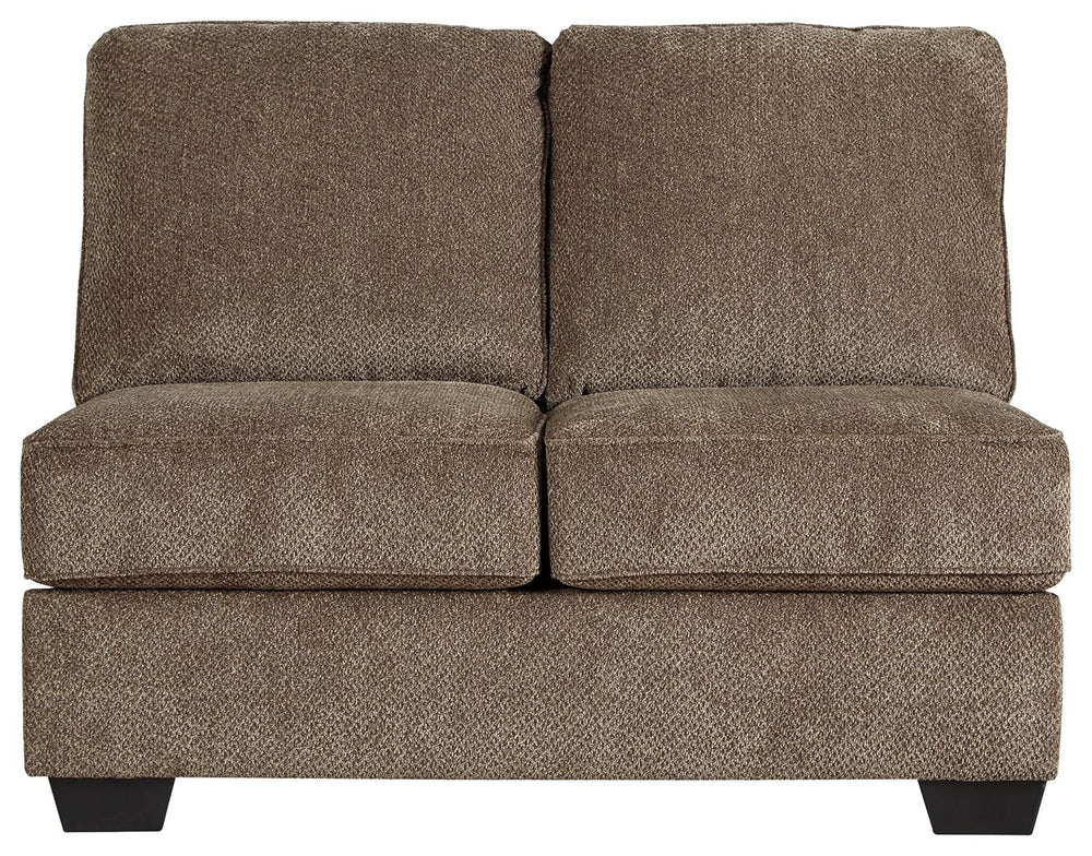 This armless loveseat is made with polyester upholstery. Pairs with other items in the series to make a sectional.<br><br><b>Additional Dimensions</b><br><ul><li>Leg height: 3-"</li><li>Minimum width of doorway for delivery: 32-"</li><li>Seat depth: 23-"<
