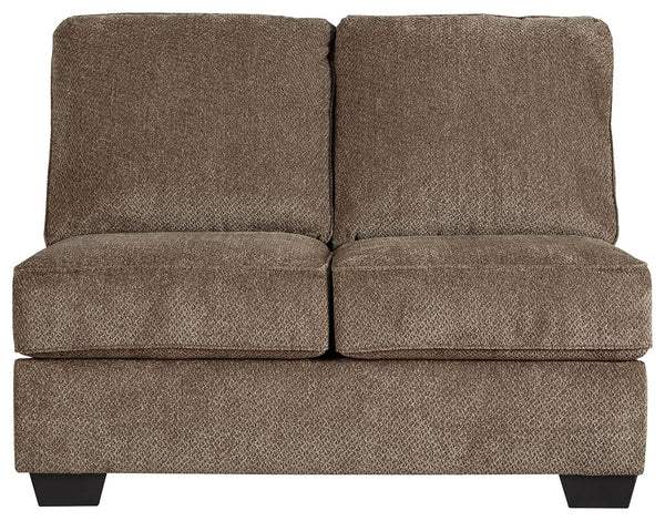 This armless loveseat is made with polyester upholstery. Pairs with other items in the series to make a sectional.<br><br><b>Additional Dimensions</b><br><ul><li>Leg height: 3-"</li><li>Minimum width of doorway for delivery: 32-"</li><li>Seat depth: 23-"<