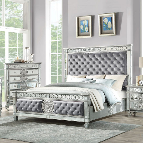 Varian - Queen Bed - Gray Velvet & Mirrored