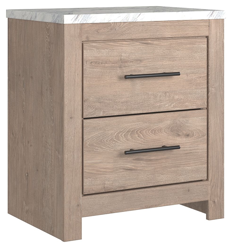 Cool, clean and casually modern. This nightstandâ€™s light natural finish and faux Calcutta marble top set the tone for your calming sanctuary. Large linear pulls add dimension and authenticity. Two smooth-gliding drawers neatly accommodate your bedside n