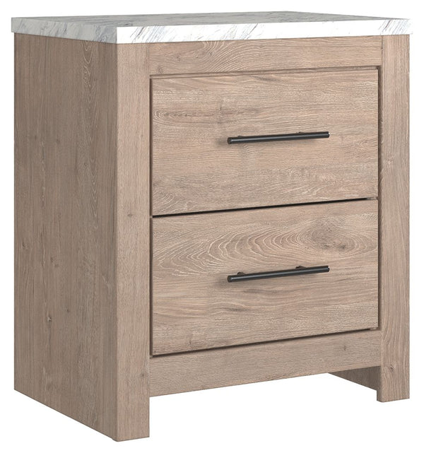 Cool, clean and casually modern. This nightstandâ€™s light natural finish and faux Calcutta marble top set the tone for your calming sanctuary. Large linear pulls add dimension and authenticity. Two smooth-gliding drawers neatly accommodate your bedside n