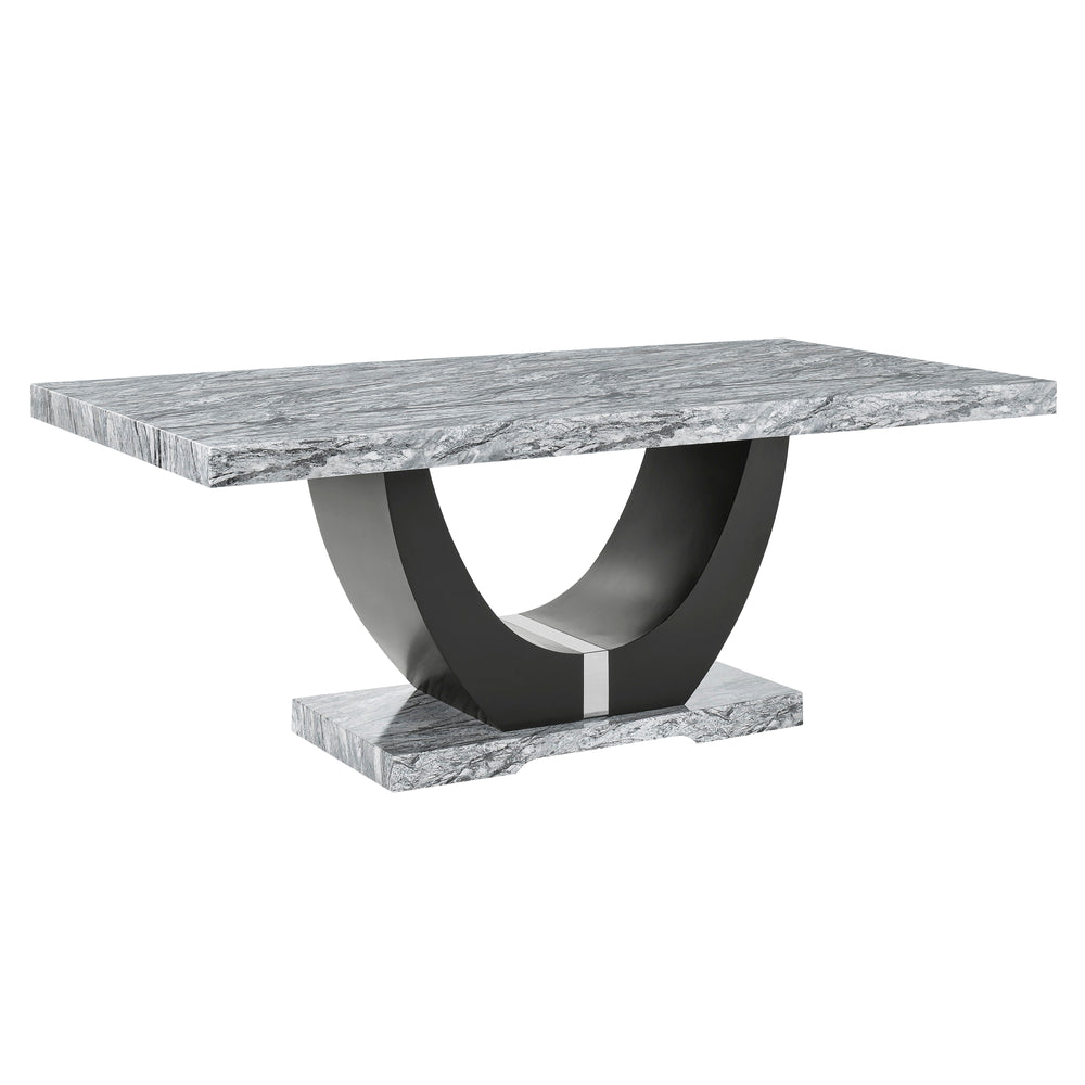 Transform your dining space with the Lyra Faux Marble Table, a blend of contemporary glam and practical design. This stunning table features a gray and black faux marble top that creates a striking contrast with its solid black U-shaped pedestal base. Con