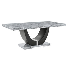 Transform your dining space with the Lyra Faux Marble Table, a blend of contemporary glam and practical design. This stunning table features a gray and black faux marble top that creates a striking contrast with its solid black U-shaped pedestal base. Con
