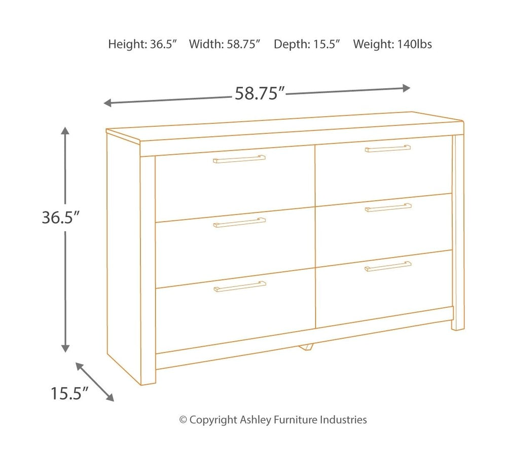 Modern yet hefty. This dresser and mirror set makes an urban eclectic statement. Seasoned raw wood look merges with the clean lined design we love today. Muted rustic finish over replicated pine grain maintains its authenticity. Roomy drawers are flanked 