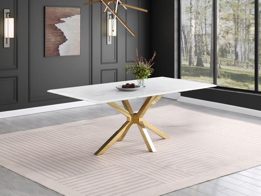 Elevate your dining room with the essence of modern luxury embodied in this white and grey marble veneer dining table. The table, constructed with engineered marble veneer, china white marble, and MDF, features a gleaming white marble table top adorned wi