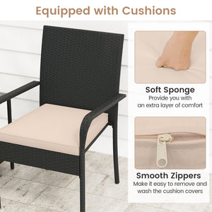 Crafted from appealing and long-lasting PE rattan<br>Comfortable to sit with ergonomic backrest and armrests<br>Soft seat cushions bring more coziness<br>Zippered cushion covers for simple maintenance<br>Side table with 2-tier design for more storage spac