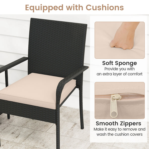 Crafted from appealing and long-lasting PE rattan<br>Comfortable to sit with ergonomic backrest and armrests<br>Soft seat cushions bring more coziness<br>Zippered cushion covers for simple maintenance<br>Side table with 2-tier design for more storage spac