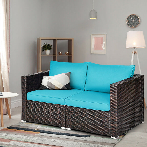Power coated and solid steel frame adds sturdiness and durability<br>Tight and hand-woven rattan to withstand change of weather<br>2 of the corner sofas can be used separately<br>Aluminum foot pads protect bottom rattan from scratching<br>Wide armrest for