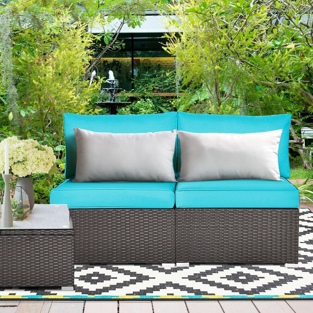 Power coated and solid steel frame adds sturdiness<br>Tight and hand-woven rattan to withstand change of weather<br>Two of the armless chairs can be used separately<br>Aluminum foot pads protect bottom rattan from scratching<br>Can be added to the same st