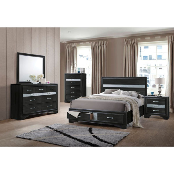  and storage footboard in rich black finish with contrasting light gray trim panel