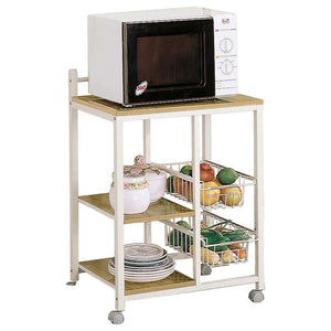 This is the Swiss army knife of kitchen carts. A spacious top shelf fits a good-sized microwave or toaster over. Duplex-type storage space has two shelves one side for dinnerware or cereal. The other side features two wire baskets for healthy snacks like 
