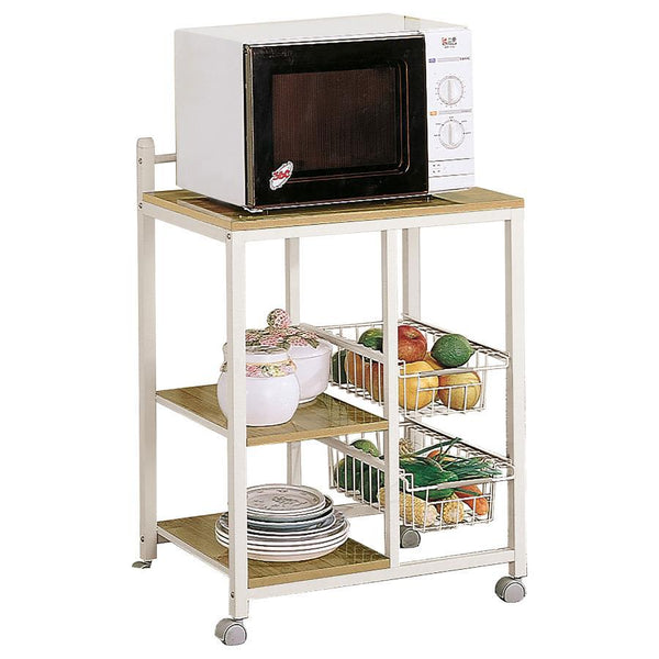 This is the Swiss army knife of kitchen carts. A spacious top shelf fits a good-sized microwave or toaster over. Duplex-type storage space has two shelves one side for dinnerware or cereal. The other side features two wire baskets for healthy snacks like 