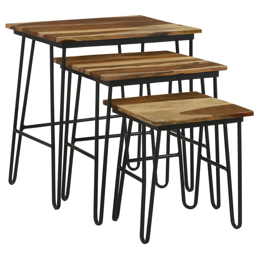 Embrace rustic industrial charm with this three-piece nesting table set, designed for both functionality and style. Each table features a solid sheesham wood top, showcasing natural wood grain variations for a unique, one-of-a-kind look. The sleek black i
