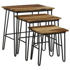 Embrace rustic industrial charm with this three-piece nesting table set, designed for both functionality and style. Each table features a solid sheesham wood top, showcasing natural wood grain variations for a unique, one-of-a-kind look. The sleek black i