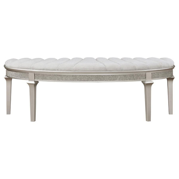  this bench sports a demilune shape that exudes timeless appeal. The ivory fabric upholstered seat showcases chan