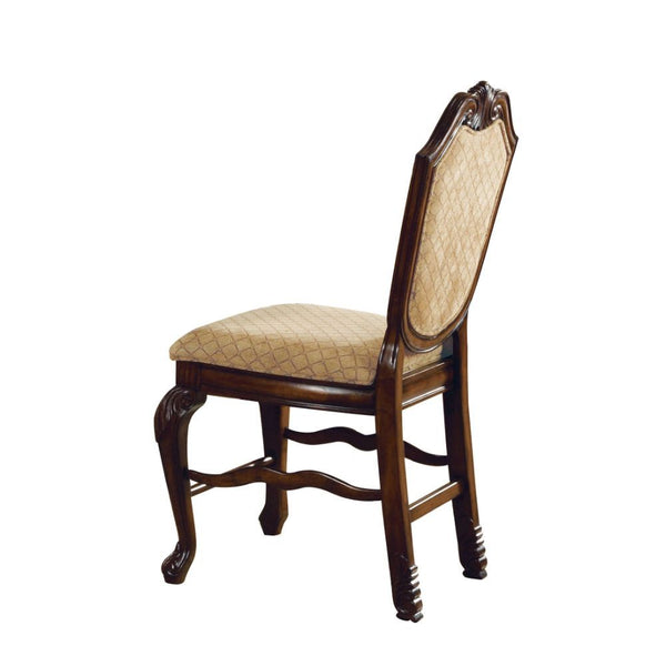 The Chateau De Ville counter height chairs are great for kitchen counters or living room bar tables. This pair of chairs come supported by a fine hardwood frame with two queen anne front legs and two straight back legs. The backrest arches to a peak with 