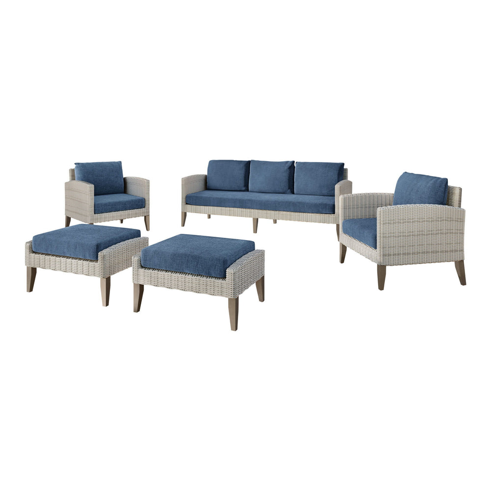 Introducing the 5 Piece Carezza Outdoor Collection, where durability meets comfort in a seamless blend of style and functionality. The set includes a roomy three seater sofa, 2 comfortable club chairs and 2 oversize stools. Crafted with precision using FS