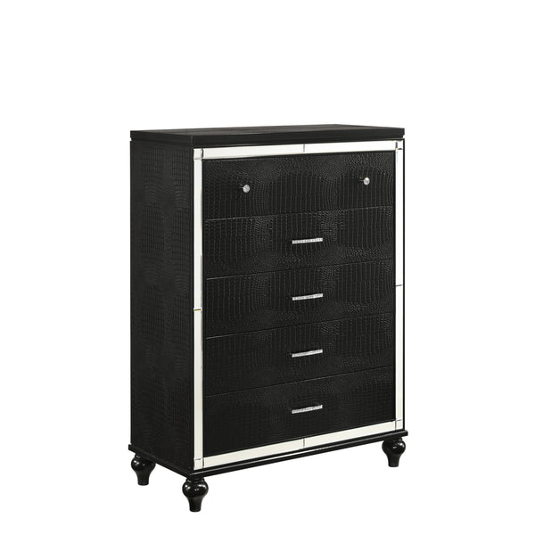 The Valentino 5 Drawer Chest in classic black is a testament to enduring craftsmanship crafted from a blend of manufactured and solid woods, adorned with exquisite embossed inlays. Radiating with glitz and glam, its gleaming finish, mirrored trims, crysta