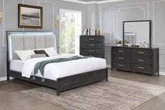 Transform your bedroom into a sanctuary of sophistication with the Odessa 4-Piece Bedroom Set in Charcoal Gray. This comprehensive set includes a lighted bed, 6-drawer dresser, mirror, and 5-drawer chest. Crafted from durable Pine solid wood and Mindy ven