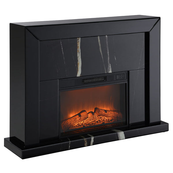  it is a stunning blend of modern elegance and functionality. This rectangular fireplace features a sleek black mirrored surface accented with a sophisticated marble grain design. 