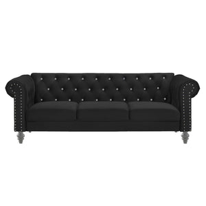  it offers cozy and indulgent seating for three. The glam tailoring features tufted backs and arms adorned