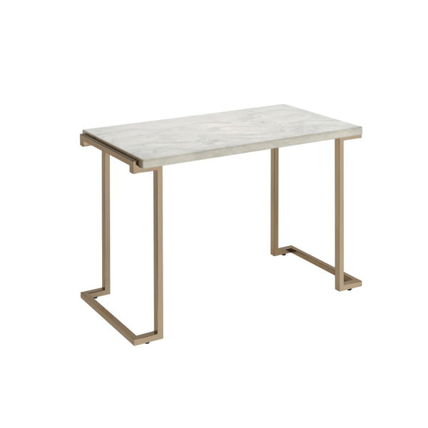 The Boice II occasional table set features a trending combination of sleek and contemporary style, with faux marble top and champagne finish metal base. The modern lines of the base with its open return base and simple form top, make for an modern feel an