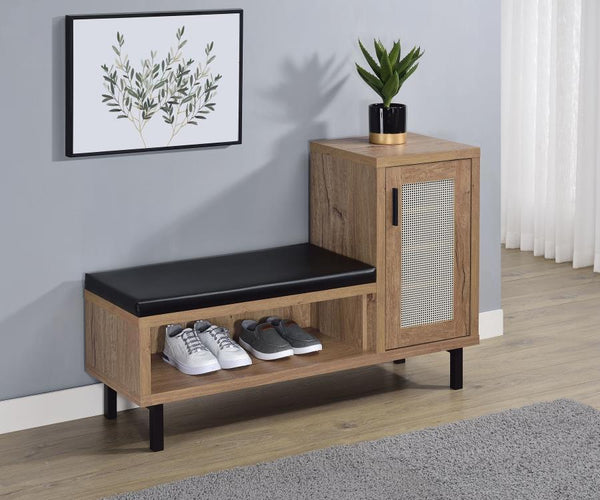  elegantly merging form and function. Its engineered wood frame is finished with a durable natural oak colored wood-look laminate veneer