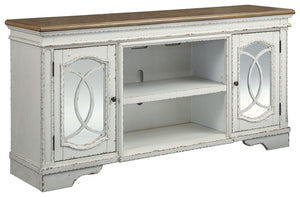 Elevating the art of traditional cottage styling, this TV stand with fireplace option is beautifully in tune with your taste. Antiqued two-tone aesthetic blends a chipped white with a distressed wood tone top for added charm. Cabinet doorsâ€™ decorative f