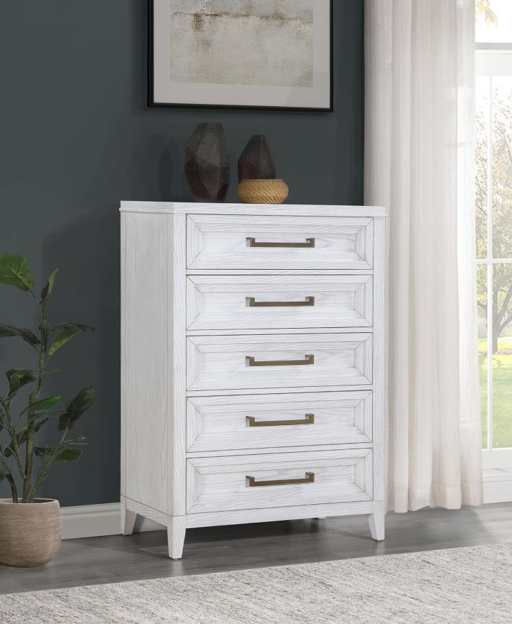 Add easy storage and inviting style to your bedroom with a modern five-drawer chest. It-'s tall, compact silhouette conserves space while adding welcome storage and organization. The chest features a distressed white finish to highlight wood grain details