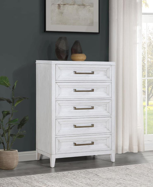  compact silhouette conserves space while adding welcome storage and organization. The chest features a distressed white finish to highlight wood grain details