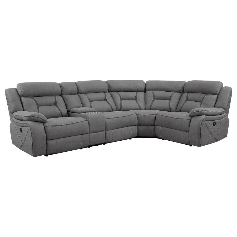Add a chic, sophisticated focal point to your living room or den. This elegant, four-piece sectional pulls a room together in stylish harmony. Its gorgeous grey upholstery has a soft, smooth texture. Reclining seats allow you and your guests to relax comf