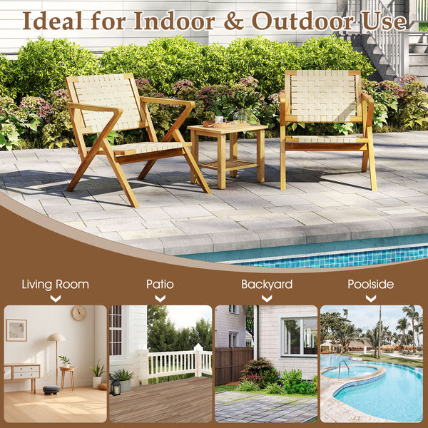 Built to last with solid teak wood construction<br>Slanted backrest for better support and comfort<br>Spacious seat offers ample room for relaxation<br>Webbing design adds elegance and ventilation<br>Wide armrests provide ultimate comfort<br>Sturdy triang