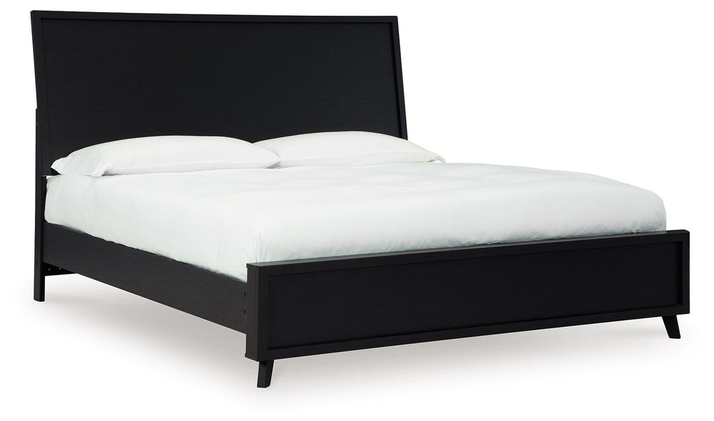 Sophisticated style for the savvy shopper. This panel bed prioritizes affordable, on-trend design. Its subtle replicated texture recalls the natural beauty of wood, highlighting the clean-lined styling. And a matte black finish savvily suits different app