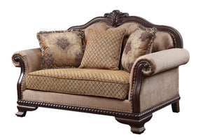 The Chateau De Ville sofa set surrounds you in a warm and cozy embrace. Wood carved details with nail-head accent embody a timeless look with an old world flair. Floral decorative pillows and upholstered cushions with tufted details soften the whole const
