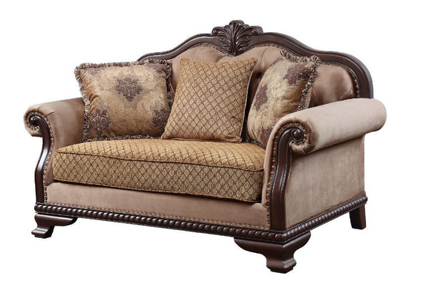 The Chateau De Ville sofa set surrounds you in a warm and cozy embrace. Wood carved details with nail-head accent embody a timeless look with an old world flair. Floral decorative pillows and upholstered cushions with tufted details soften the whole const