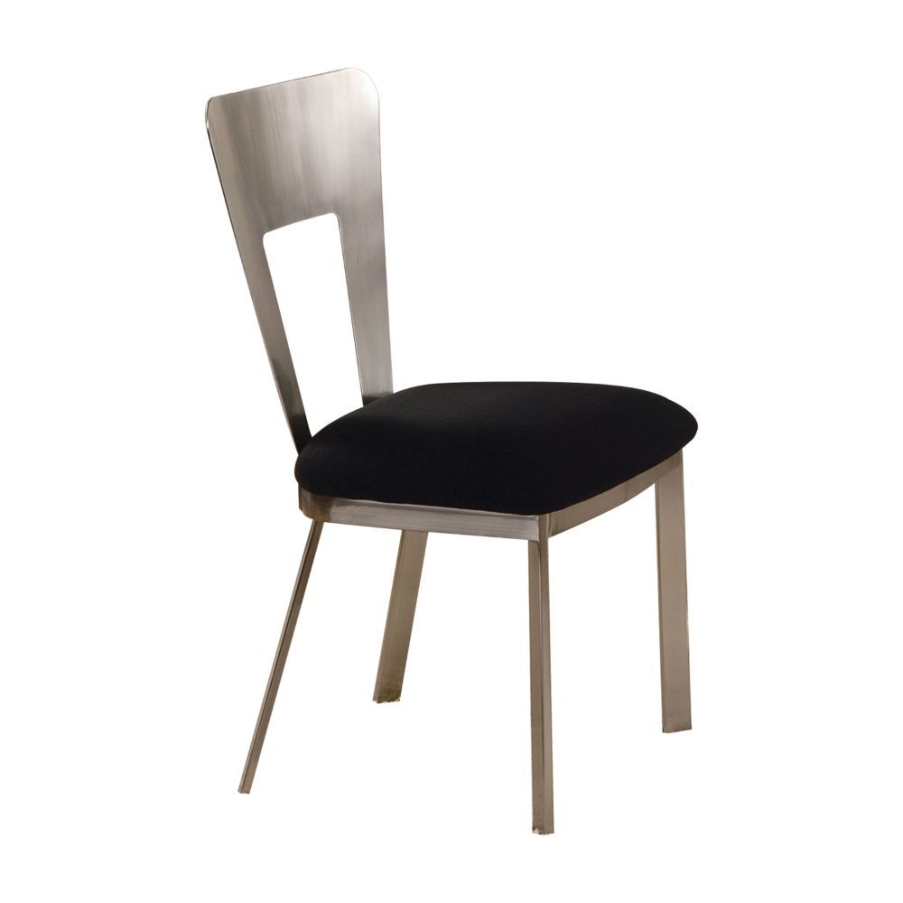 The Camille Side chair features a contemporary design with rich black upholstery and metal framework in an antique finish. The foam-padded seats and backs of this side chair set contour to your body, and are covered with soft microfiber fabric that create