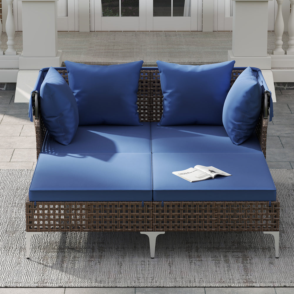 Provide a light  airy look and feel with open-weave PE rattan<br>The premium rattan also ensures fade-resistant and sun-protective durability<br>Open the canopy for shaded comfort with a premium gas strut<br>Close the canopy for sunbathing<br>Canopy secur