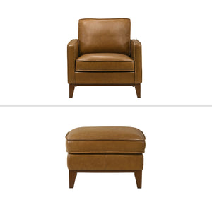 The Caspar Top Grain Leather 2-Piece Chair and Ottoman Set brings together luxurious comfort and refined style. Upholstered in rich caramel brown, the 100% top-grain leather offers durability, breathability, and a timeless aesthetic. Built with high-quali