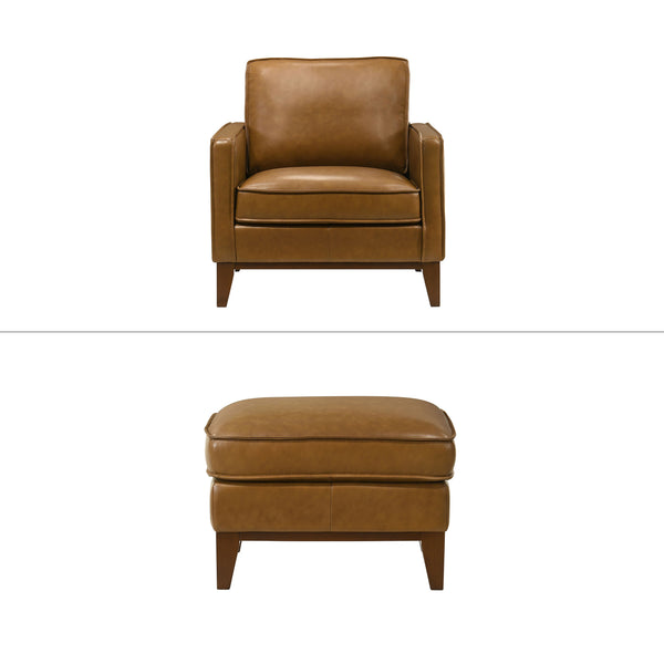 The Caspar Top Grain Leather 2-Piece Chair and Ottoman Set brings together luxurious comfort and refined style. Upholstered in rich caramel brown, the 100% top-grain leather offers durability, breathability, and a timeless aesthetic. Built with high-quali