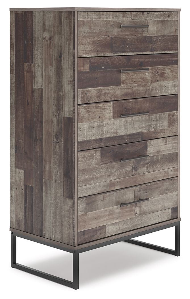 Streamlined design and a stunning finish come together in one simply extraordinary piece. This chest of drawers is sure to impress with five smooth-operating drawers, canted metal legs and a rustic butcher block finish over replicated pine grain texture. 