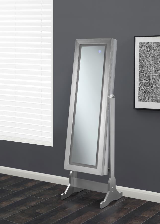 Put the finishing touch on a glamourous bed or dressing room with this stunning floor-length jewelry cheval mirror. Sleek and smooth, the frame features a metallic silver finish. Supportive and intriguing, the delicately curved legs give this mirror its c