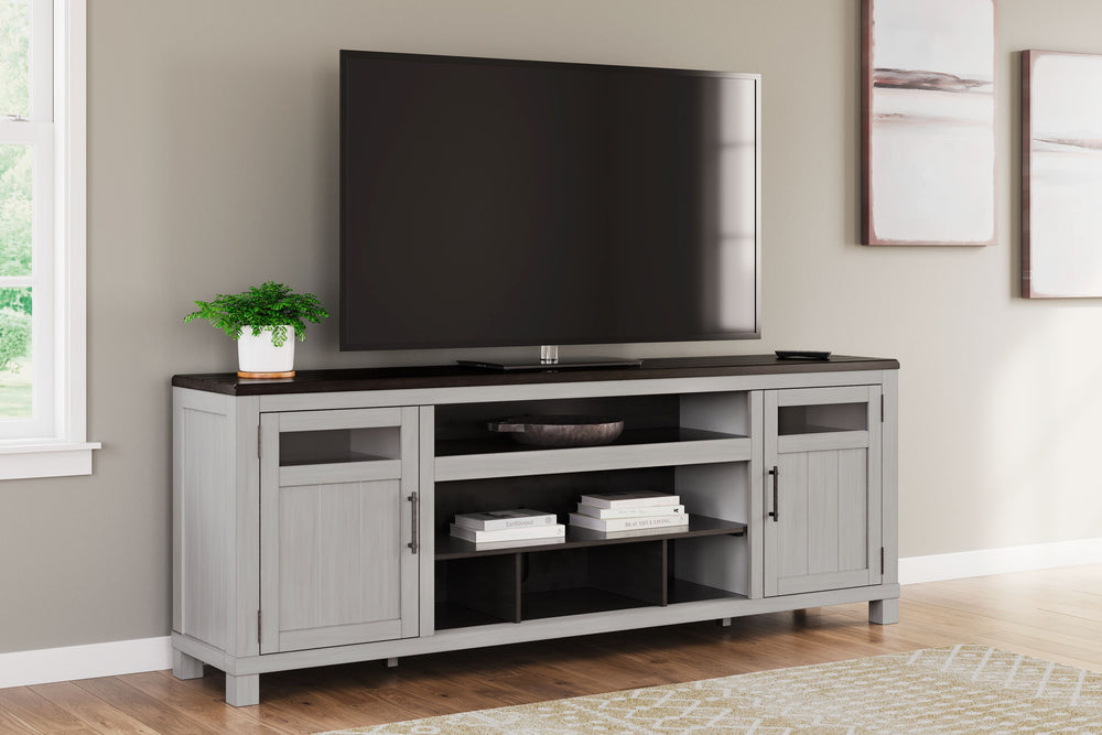 Make a farmhouse-inspired statement with this TV stand. Itâ€™s beautifully crafted to stand the test of time, with a planked effect and clean two-tone finish that lend a relaxing vintage feel. With two cabinets (each with an adjustable shelf) and an open 