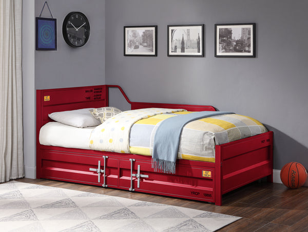Daybed & Trundle (Twin Size), Features: Metal Frame, Recessed Panels, Cargo Container Style, Full-Length Container Lock, Roll-Out Trundle Included, Recommended Trundle Mattress Height: 7 Inches (Twin Size)