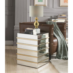 Assambled, Square End Table Storage: Mirrored Base Shelf CONSTRUCTION Mirrored Case-Frame with Titanium Stainless Steel Trim: Mirror, MDF NO Legs<br/><br/><b>Product Features</b><ul><li>Occasional Table</li><li>Mirrored Top & Base</li><li>Titanium Stainle