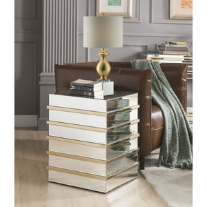 Assambled, Square End Table Storage: Mirrored Base Shelf CONSTRUCTION Mirrored Case-Frame with Titanium Stainless Steel Trim: Mirror, MDF NO Legs<br/><br/><b>Product Features</b><ul><li>Occasional Table</li><li>Mirrored Top & Base</li><li>Titanium Stainle