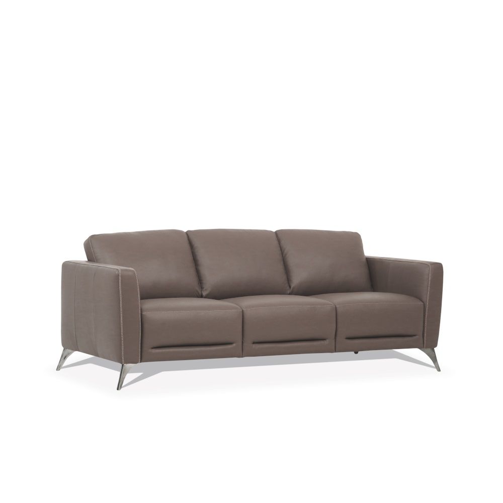 Make a chic addition to your living room, the Malaga living room collection is one youâ€™ll want to spend lots of time in. This beautiful cream or taupe leather sofa set features contrast tone stitching and unique chrome legs. Its deep, comfy seat and tra