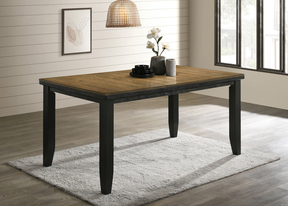 Create a warm and inviting dining space with this beautifully crafted counter-height dining group, perfect for both casual meals and entertaining. The striking two-tone design features a rich, warm woodgrain tabletop that contrasts elegantly with the bold