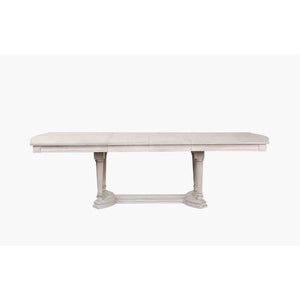  as well as a trestle base with unique reeded legs. The matching upholstered side and arm chairs feature bu