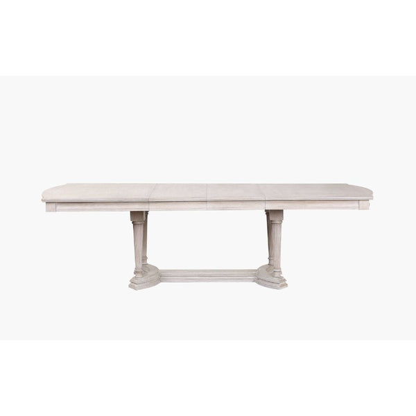  as well as a trestle base with unique reeded legs. The matching upholstered side and arm chairs feature bu
