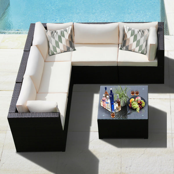 Weather-resistant PE rattan wicker for long outdoor use <br>Sturdy steel frame with excellent stability and sturdiness <br>L-shaped footpads protect the floor and enhance stability <br>Thick and soft cushions for extra comfort <br>Detachable covers of cus